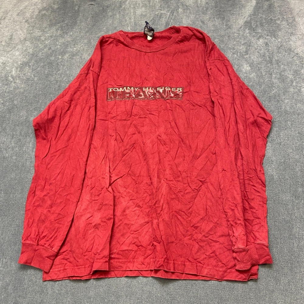 Vintage Tommy Hilfiger Long Sleeve T-Shirt Men XL Red Crew Neck Classic Pullover